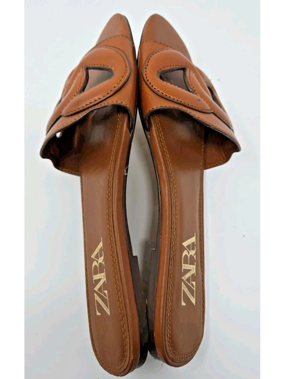 Zara Leather Flat Slides Brown Size 6 / 36 Easy Summer Sandals